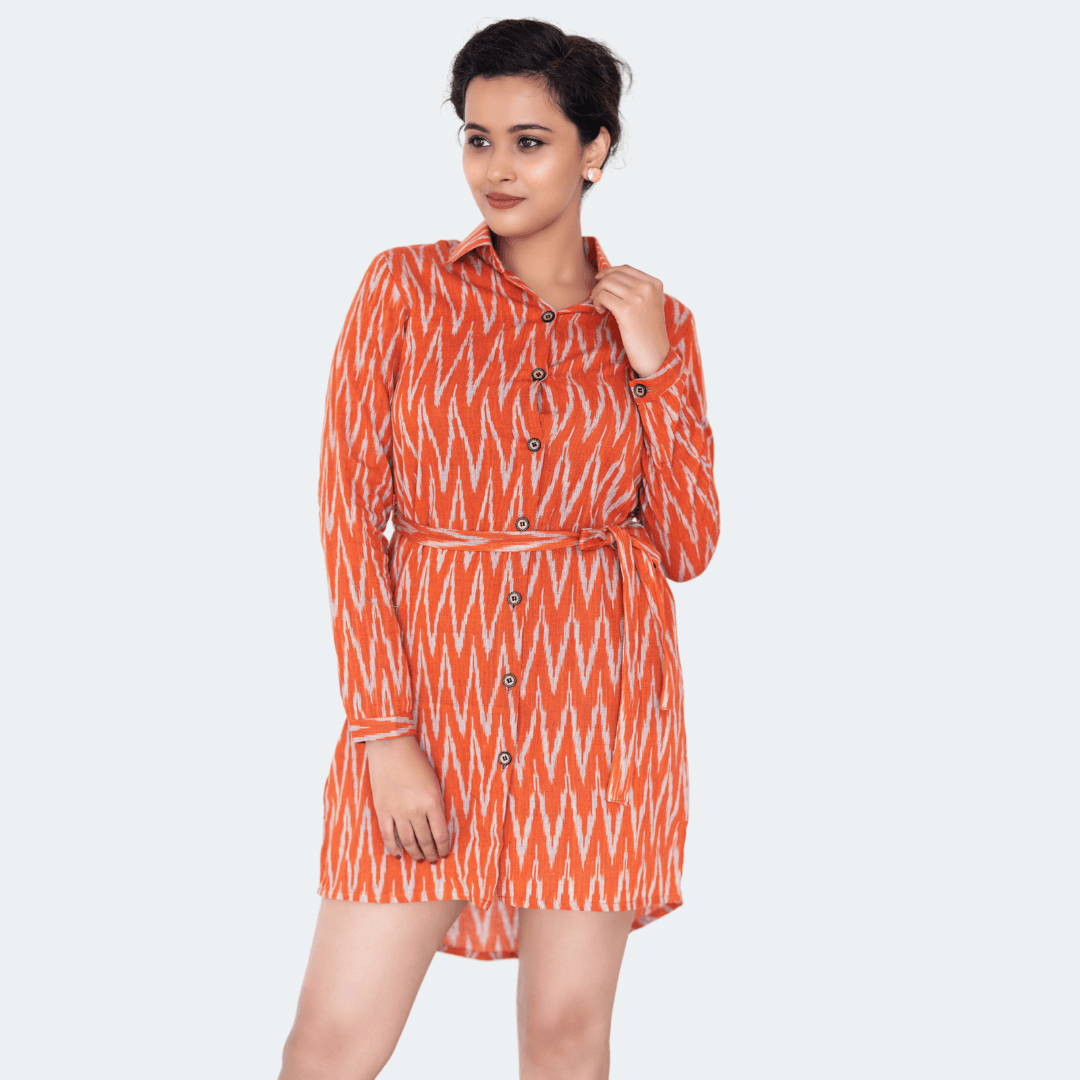 Rang - Orange zigzag ikat hand-woven cotton tunic