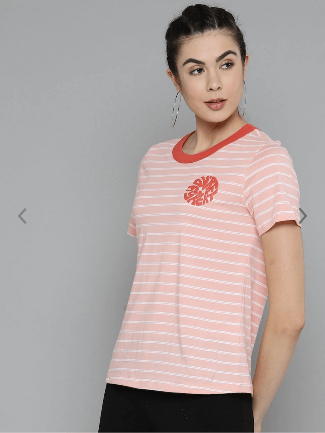 Women Coral pink Colour & White Pure Cotton Striped Round Neck T-shirt