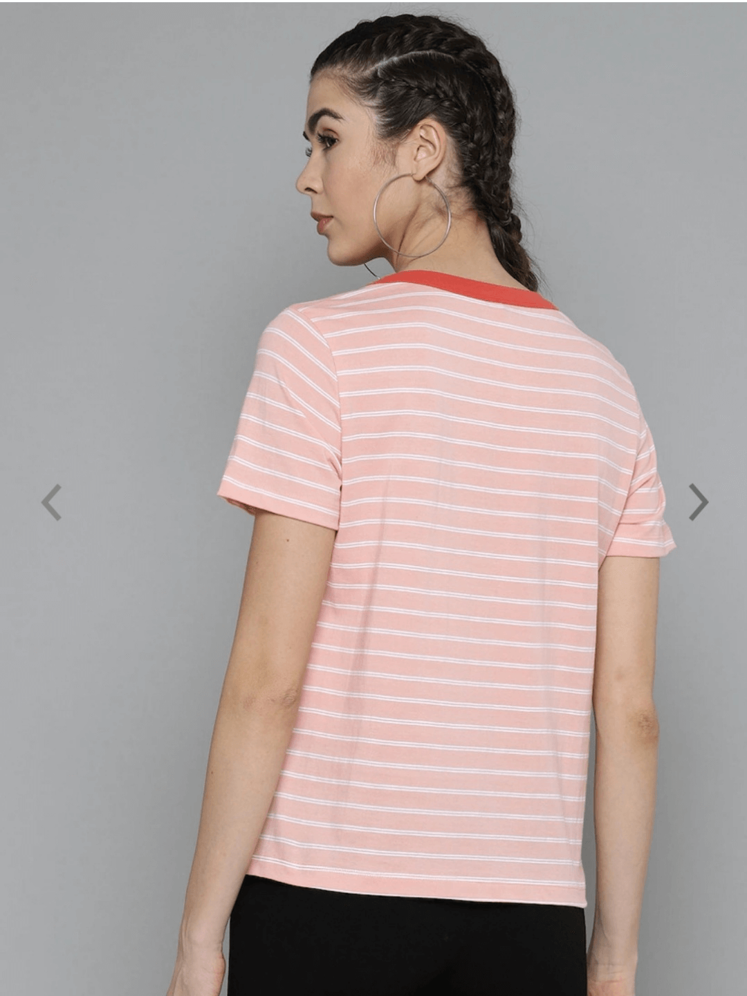 Women Coral pink Colour & White Pure Cotton Striped Round Neck T-shirt