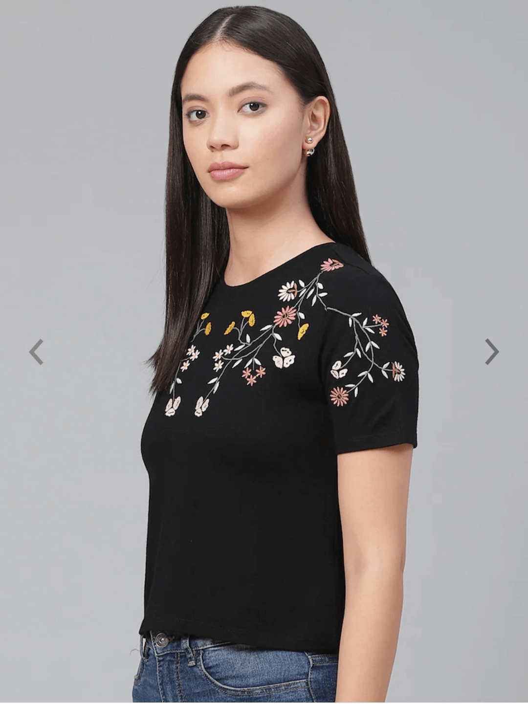 Women Black Floral Embroidered Round Neck short T-shirt