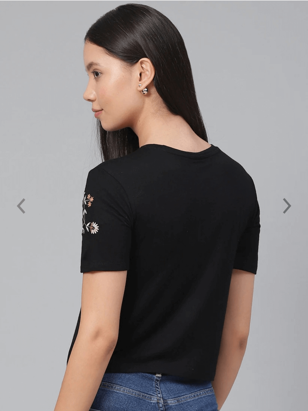 Women Black Floral Embroidered Round Neck short T-shirt
