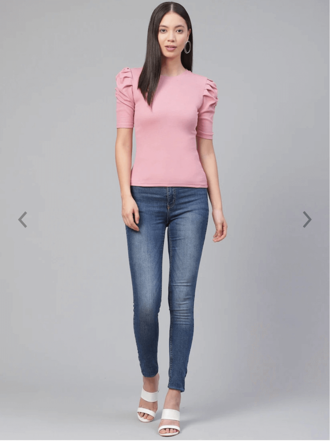 Women Pink Ribbed Puff Sleeves Fitted Top