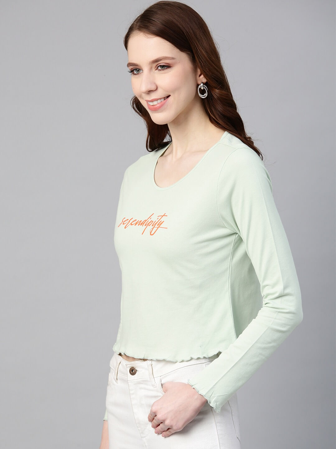 Women Sea Green & Orange Printed Round Neck T-shirt