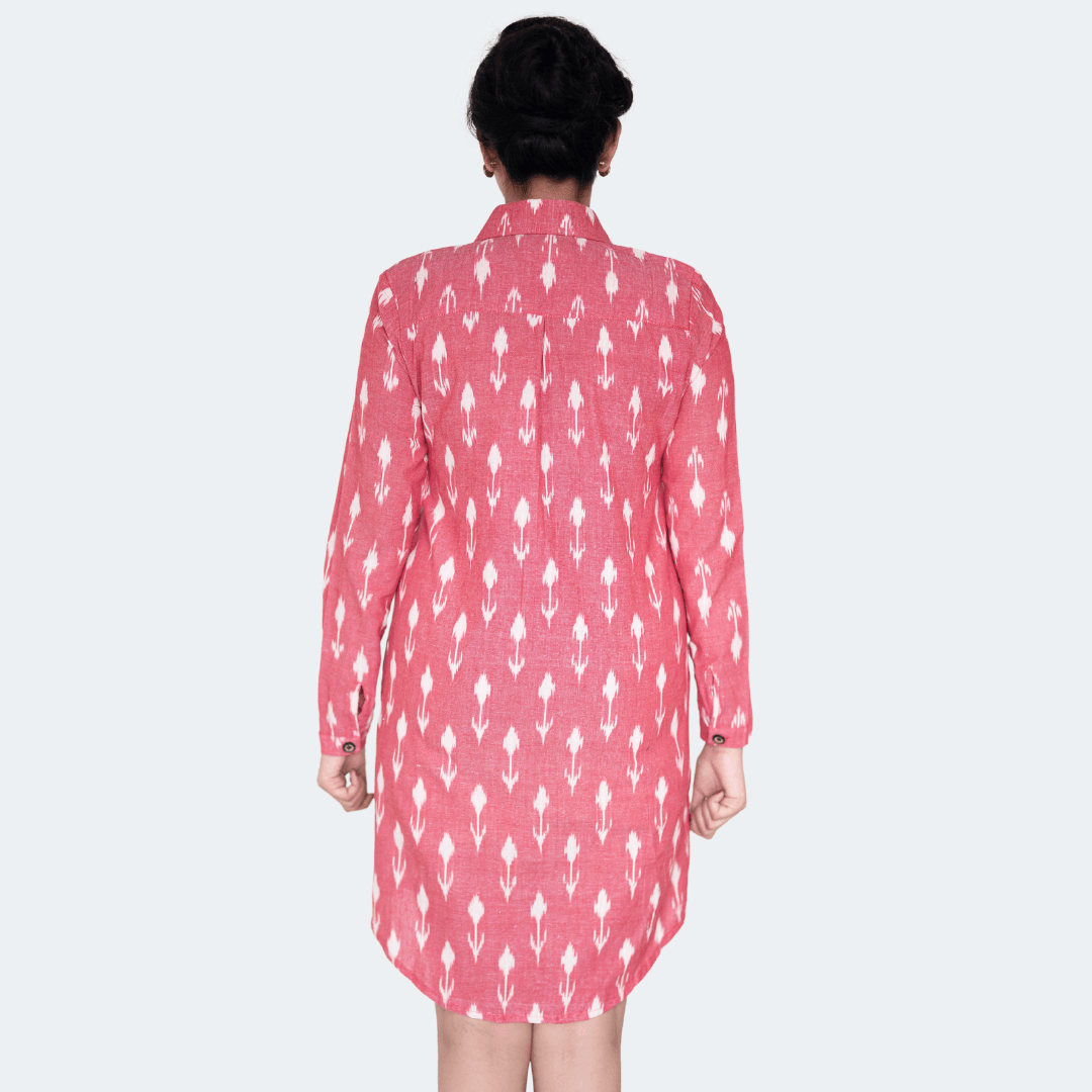 Rang - Coral pink & white ikat hand-woven cotton tunic