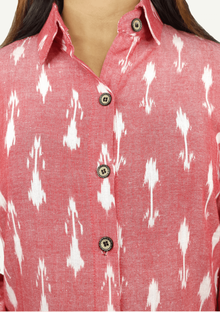 Rang - Coral pink & white ikat hand-woven cotton tunic Rang - Coral pink & white ikat hand-woven cotton tunic