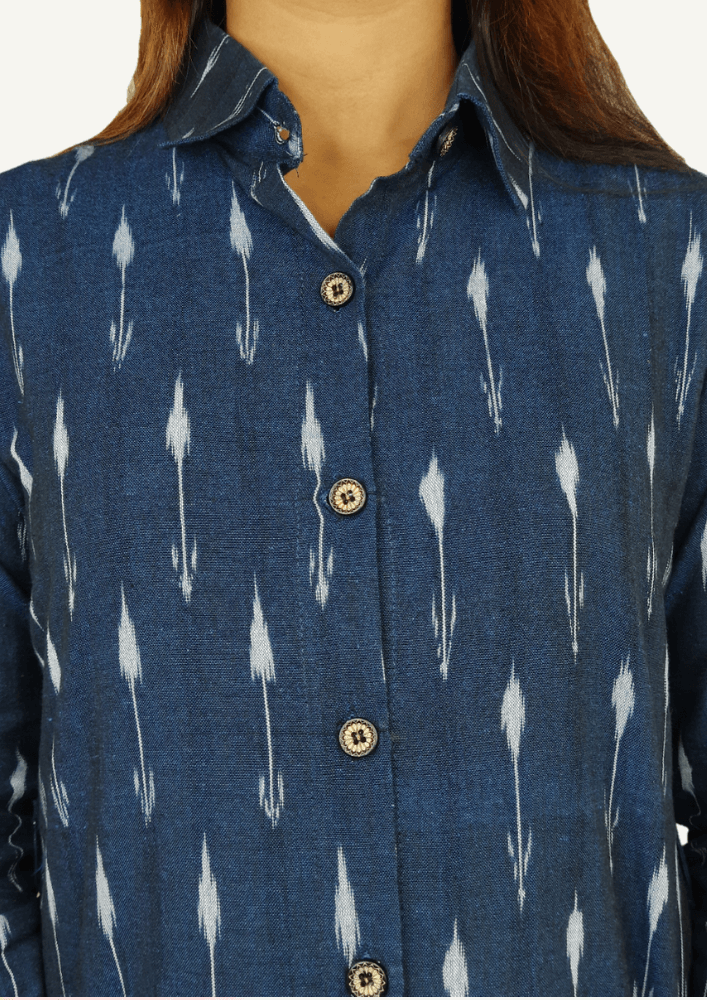Rang - Navy blue & white ikat hand-woven cotton tunic