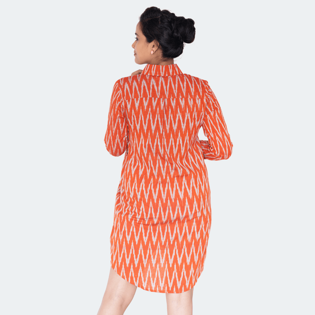 Rang - Orange zigzag ikat hand-woven cotton tunic