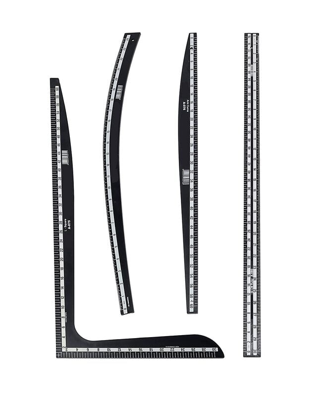 Fashion Designing Plastic Scale with L- Square, Arm Curve, Hip Curve and Long Ruler, Set of 4 Scales Fashion Designing Plastic Scale with L- Square, Arm Curve, Hip Curve and Long Ruler, Set of 4 Scales