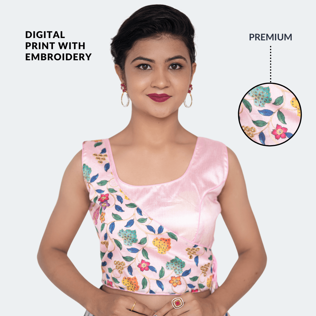 Digital print with jari embroidery premium overlap Blouse (Baby Pink)