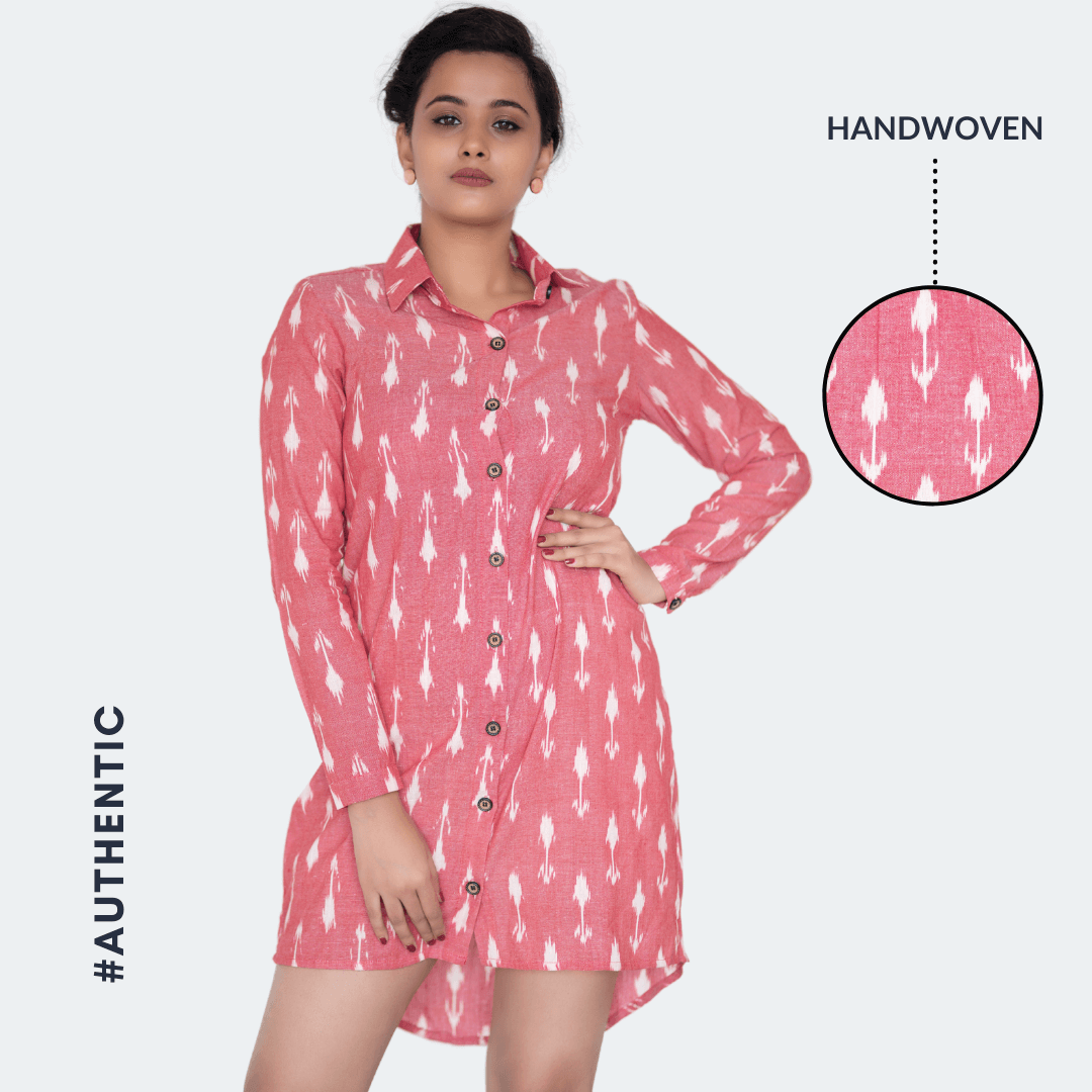 Rang - Coral pink & white ikat hand-woven cotton tunic Rang - Coral pink & white ikat hand-woven cotton tunic