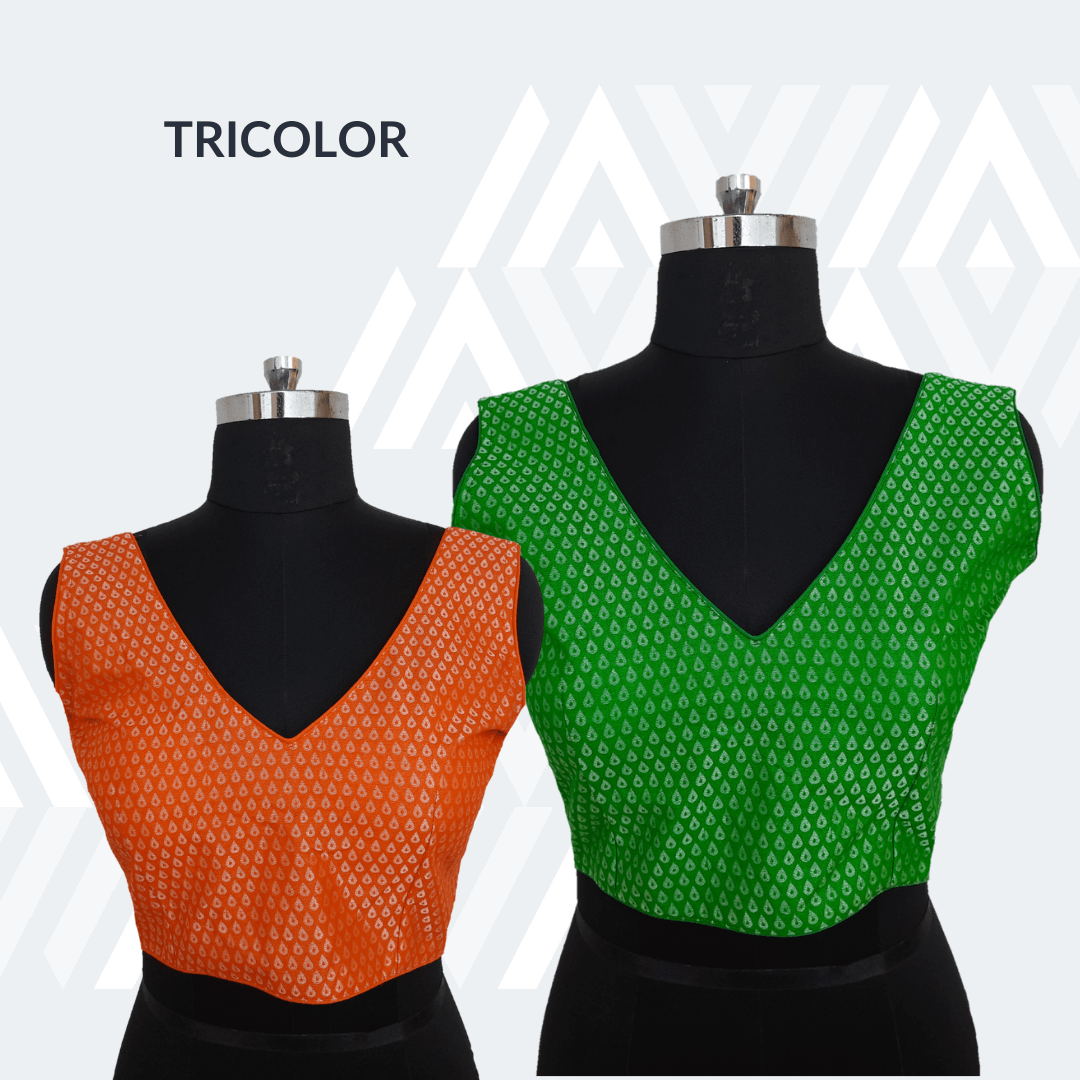 Tricolor - Orange & Green poly silk silver butti Sleeveless blouse